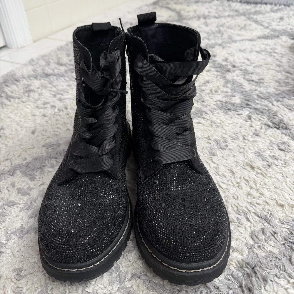 Torrid x Betsey Johnson Black Sparkle Lace-Up Boots NWOT